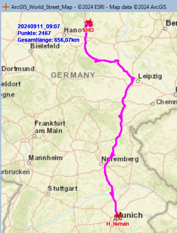 Fahrstrecke Schönewörde − Ismaning am 11.09.2024