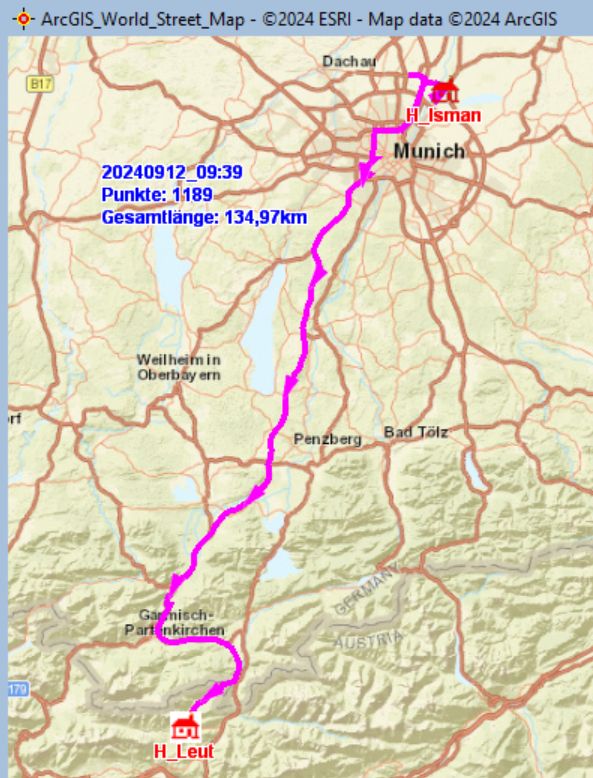 Fahrstrecke Reichen bach im Vogtland − Leutach Tirol am 16.09.2024