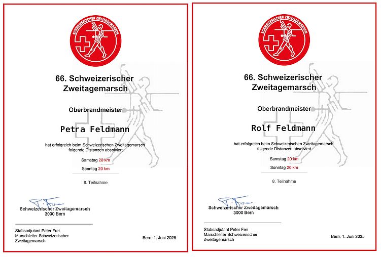 66. Schweizerischer Zweitagemarsch, Urkunden