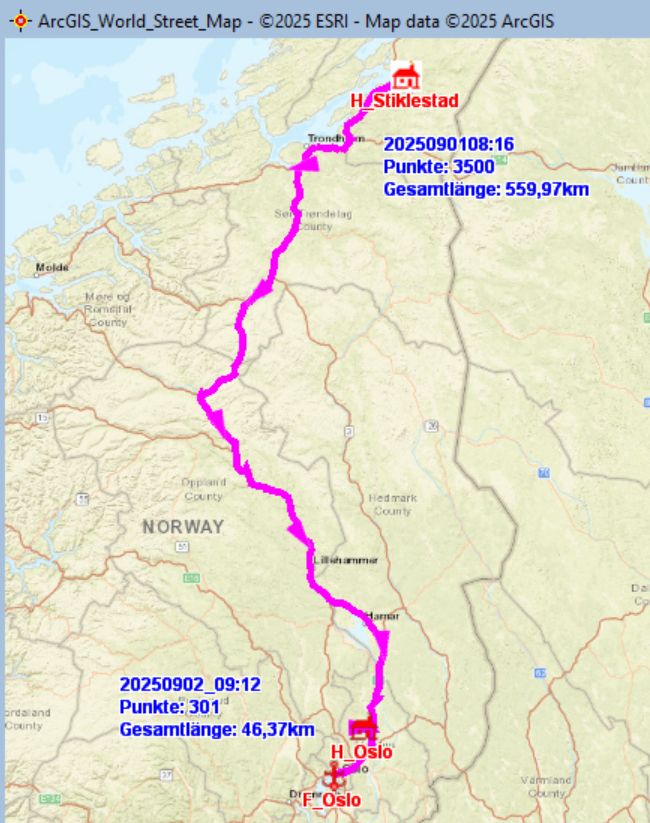 Fahrstrecke in Norwegen, Stiklestad − Oslo