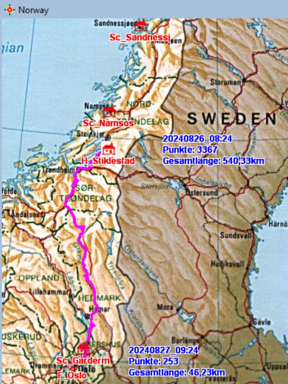 Fahrstrecke in Norwegen, Stiklestad − Oslo